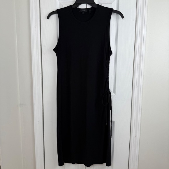 Theory Dresses & Skirts - Theory Black Sleeveless Ruched‎ Side Midi Dress L Stretchy Bodycon Classic Chic